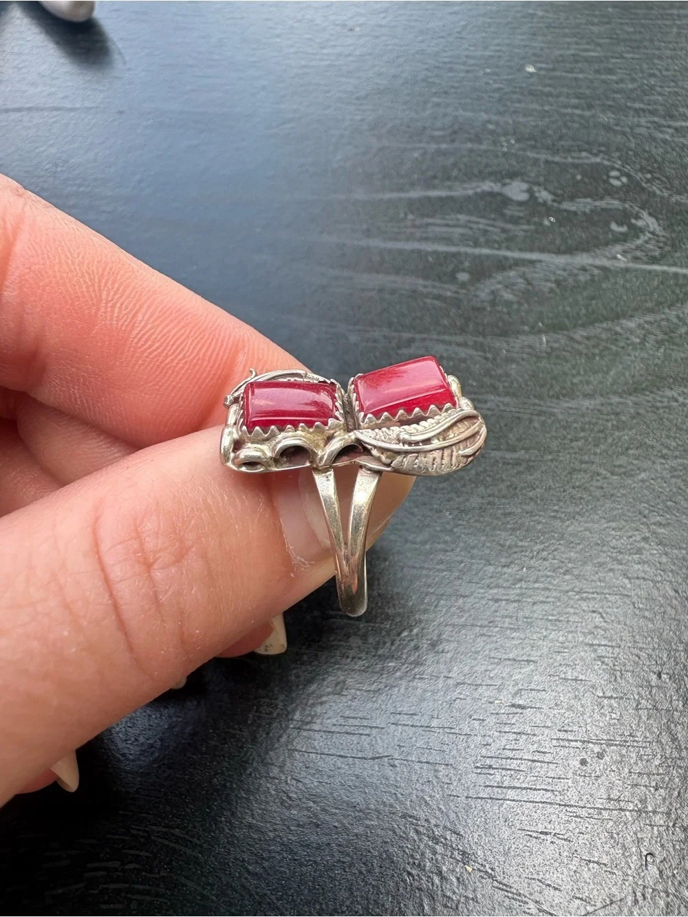 Southwest Style Ring with Red Stones and Feather Accents - Size 7.25